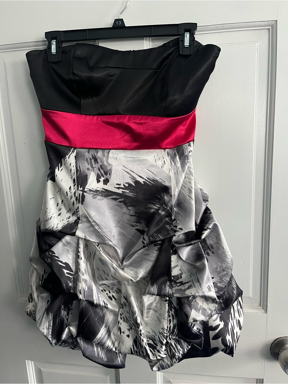 XOXO Black Strapless Dress with Red Waist and Monochrome Floral Skirt